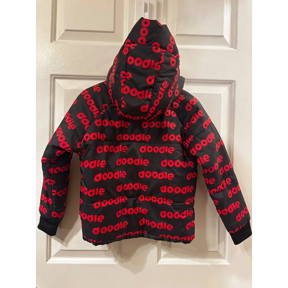 Secret Scientist Doodle Puffer Jacket Kids Black Red Logo Hooded Zip Up Coat -4T